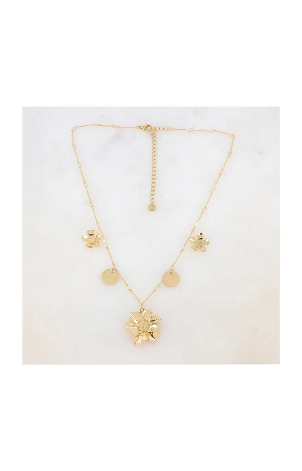 Collier avec 3 fleurs et 2 pampilles lisses – Acier inoxydable – Doré