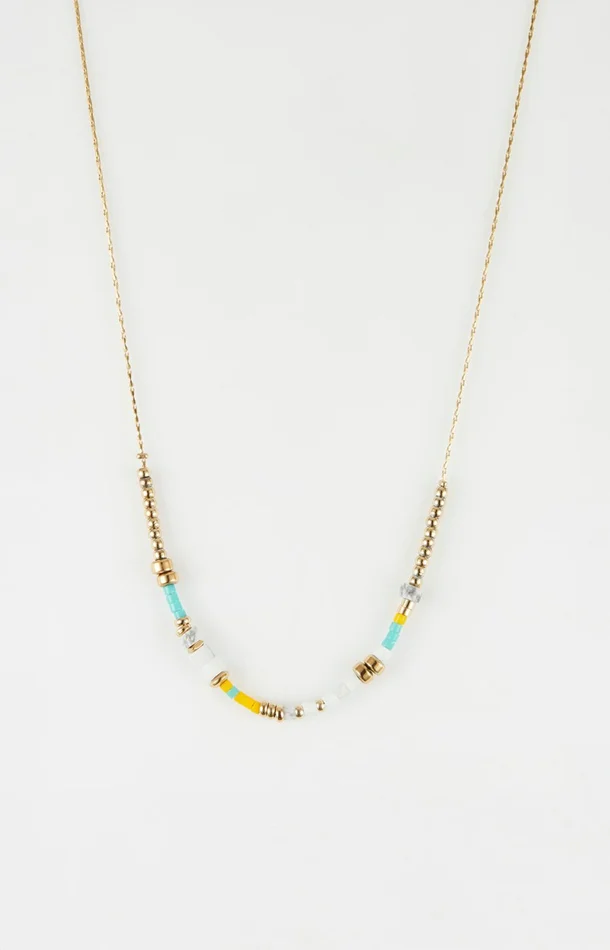 Collier chaîne perles- Acier inoxydable – Doré, bleu, jaune & blanc