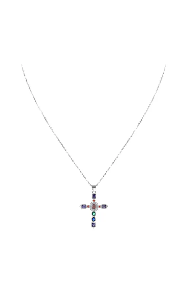 Collier croix – Métal rhodié & zirconium – Argenté