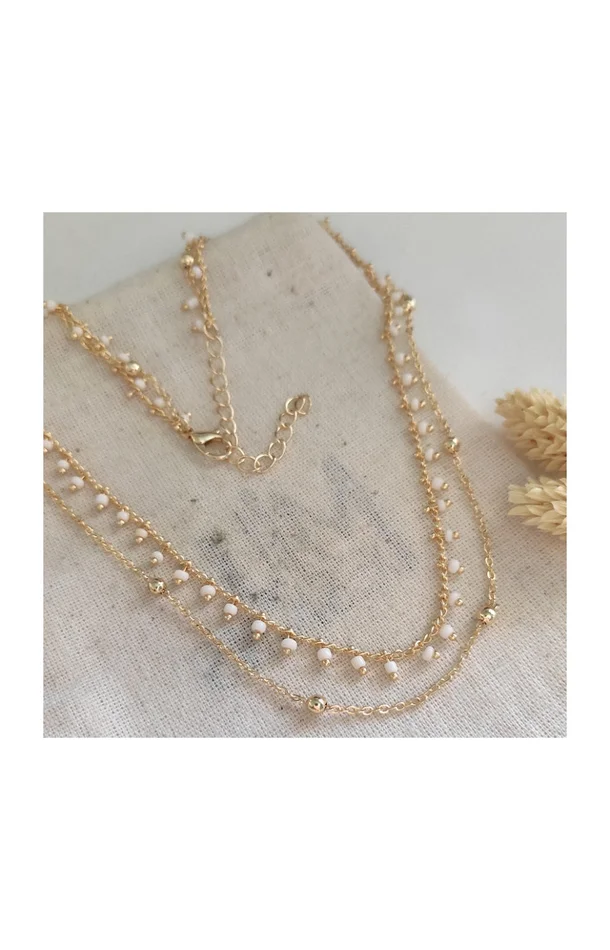 Collier double – Laiton doré, plaqué or & cristaux blanches