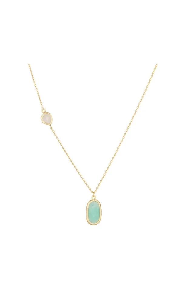 Collier Inès – Laiton doré, amazonite verte & rose quartz