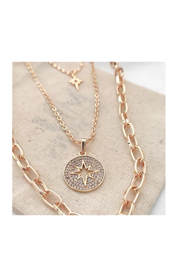Collier multi-rangs – Laiton plaqué or & pierre de zircon
