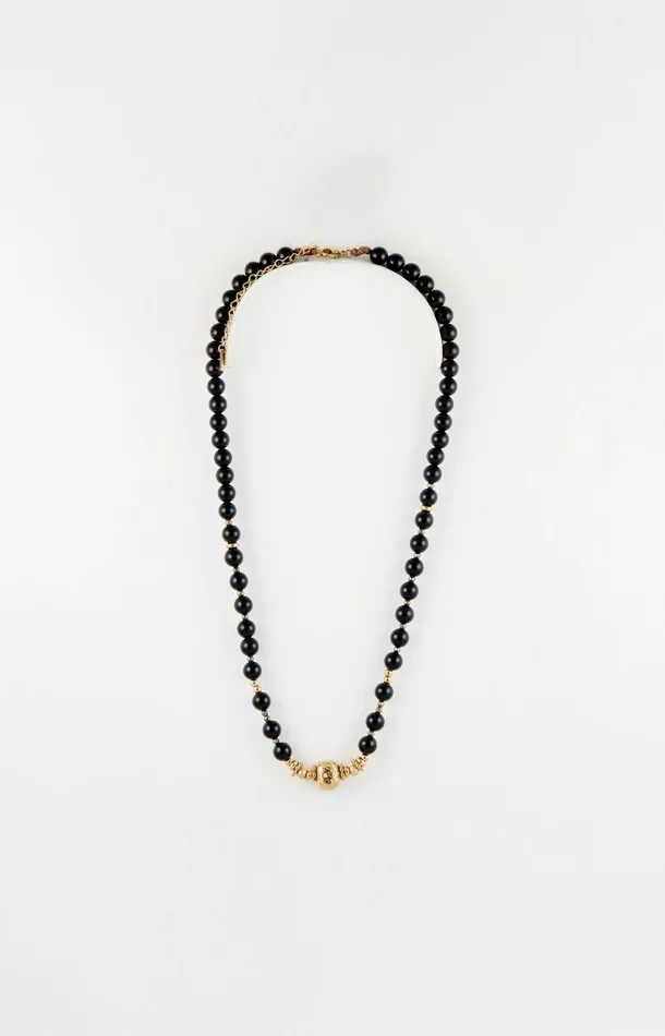 Collier pendentif ovale – Acier inoxydable & onyx – Doré & noir
