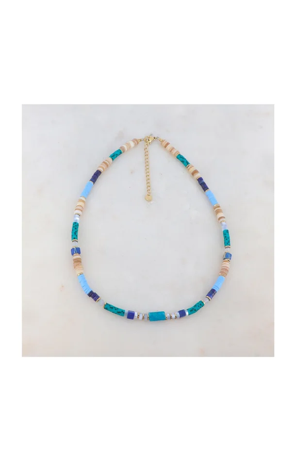 Collier réglable – Acier inoxydable, coquillages, perles heishi & pierres agates – Doré & bleu