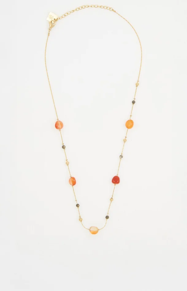 Collier sertie de pierres – Acier inoxydable & cornaline – Doré & rouge