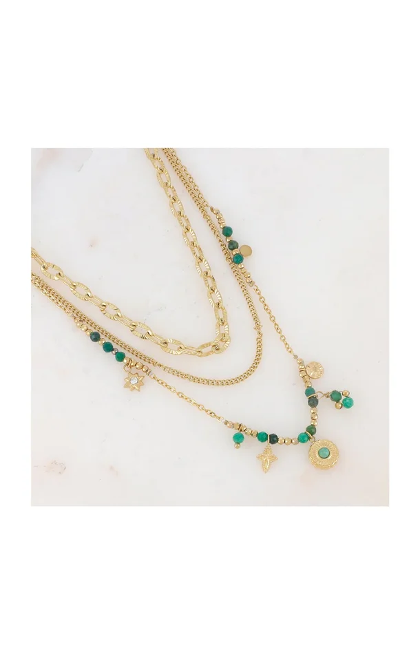 Collier triple rangs – Acier inoxydable, pierre jaspe & zirconium – Doré & vert