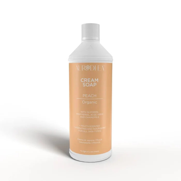 Crème de savon à la pêche – Enrichie en camomille, vitamine E, panthénol et aloe vera.