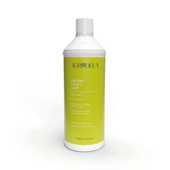 Crème de savon à la pomme verte – Enrichie en camomille, vitamine E, panthénol et aloe vera.