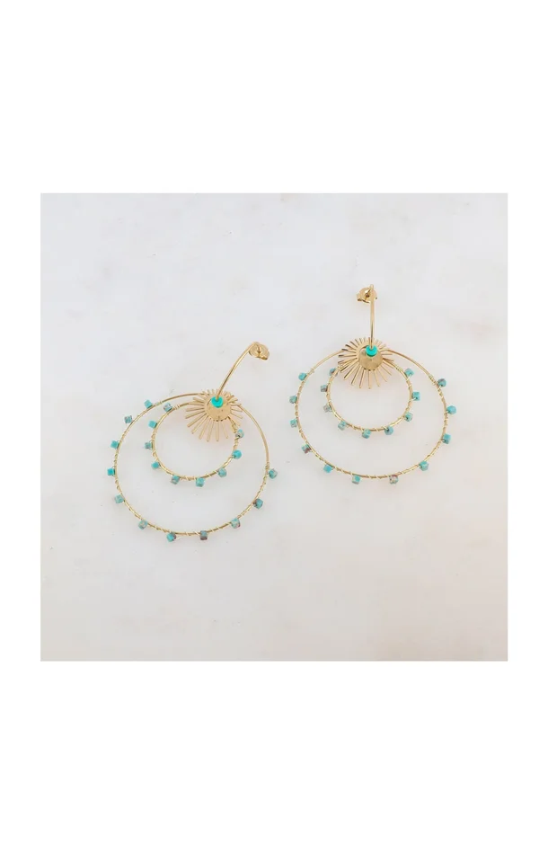 Créoles doubles cercles – Acier inoxydable & amazonite – Doré & vert