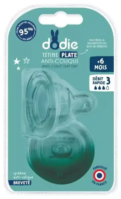 Dodie Tétine Sensation+ Plate – Col Large – +6 Mois – Silicone Débit 3 – Lot de 2