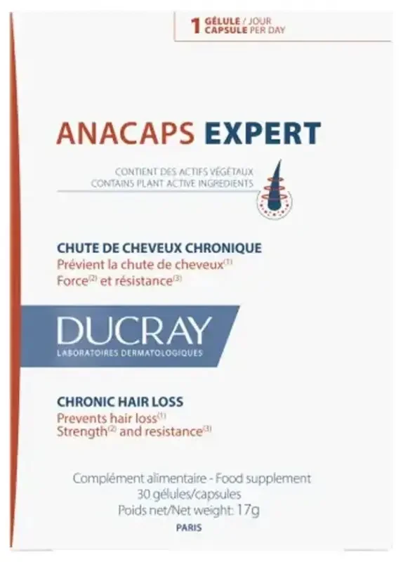Ducray Anacaps Expert – Chute de Cheveux Chronique Hormonale et Héréditaire Cure 1 Mois 30 Capsules
