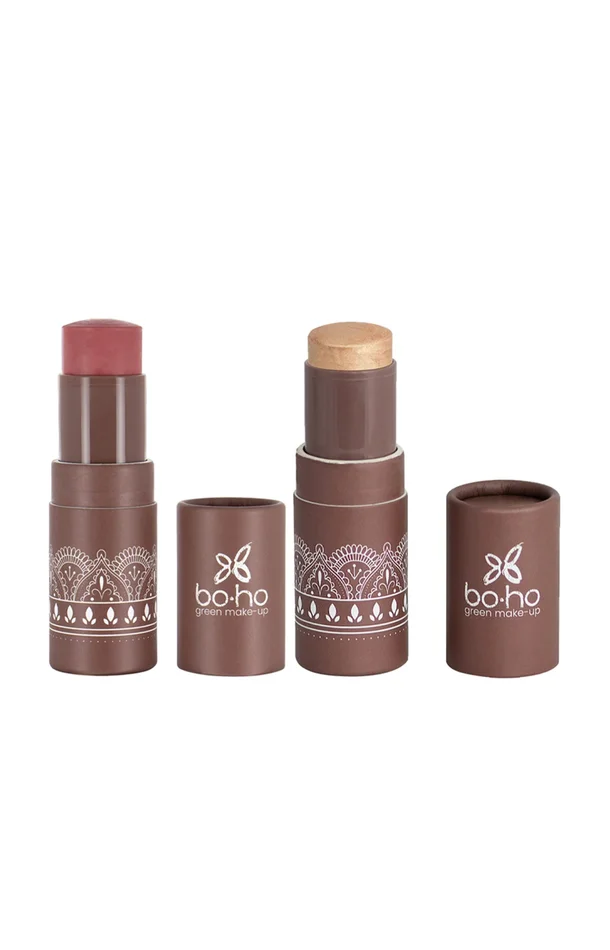 Duo blush & enlumineur en stick bio – Rosewood & Golden Glow