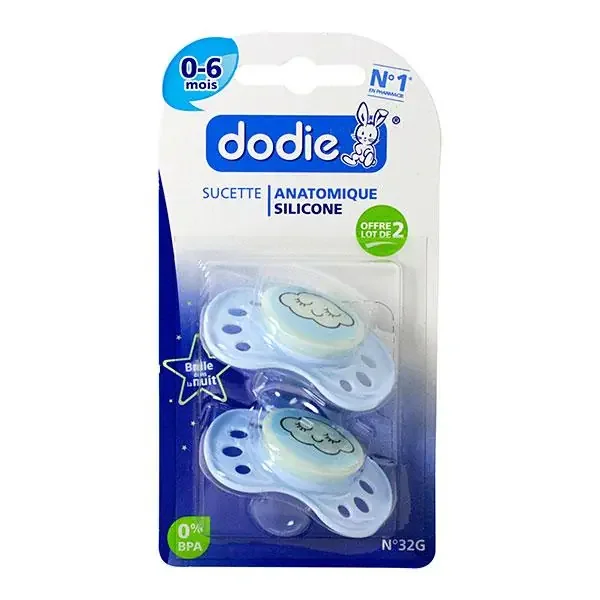 Duo sucettes nuit 0-6m silicone nuage bleu n°32G