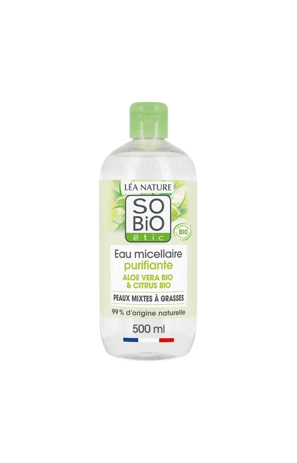 Eau micellaire purifiante bio – Aloe vera – Peaux mixtes à grasses