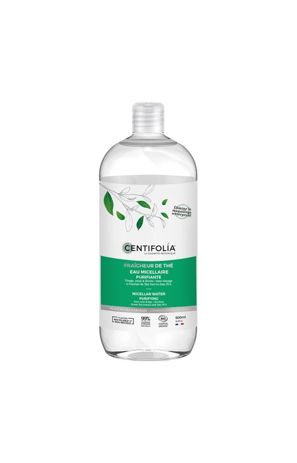 Eau micellaire purifiante bio – Thé vert & zinc – Peaux mixtes à grasses – 500ml