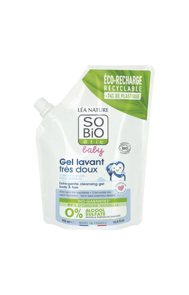 Eco-recharge gel lavant très doux bio – Aloe vera – Corps & cheveux – Bébé – 500 ml