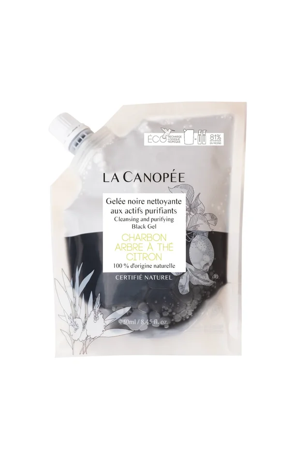 Eco-recharge gelée noire purifiante – Charbon, arbre à thé & citron – Visage – 250 ml