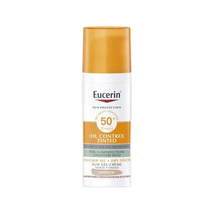 Eucerin SUN PROTECTION – Sun Gel-Crème Solaire Oil Control Teinté Medium SPF50+ Toucher Sec – Visage – Peaux à Imperfections, 50ml