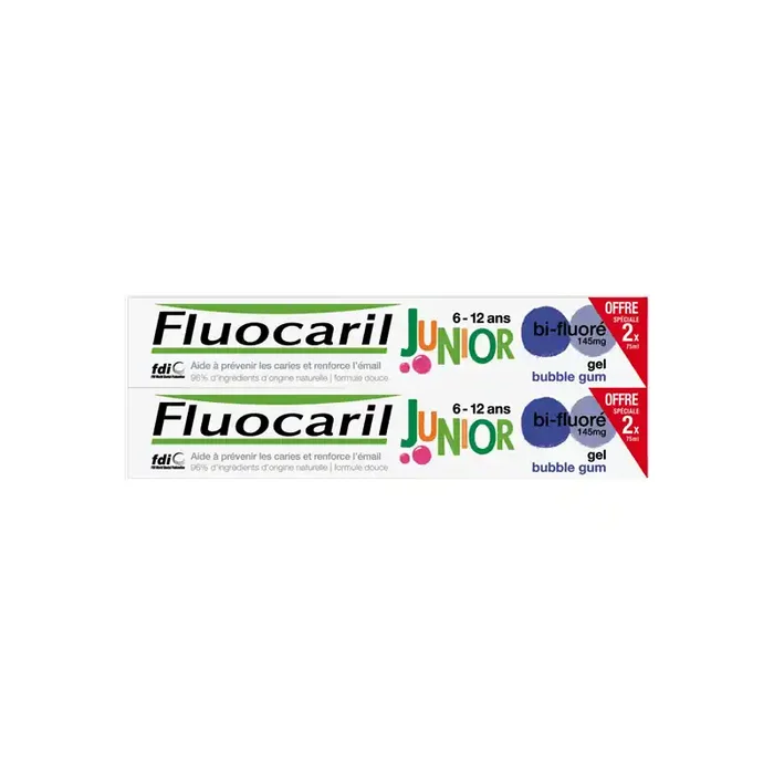 Fluocaril Bi-fluore 145mg dentifrice Junior gel bubble gum lot de 2x75ml