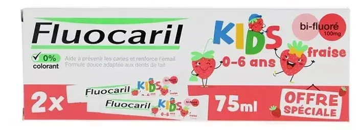 Fluocaril Kids Dentifrice Bi-Fluoré 0-6 Ans Fraise 2 x 75 ml