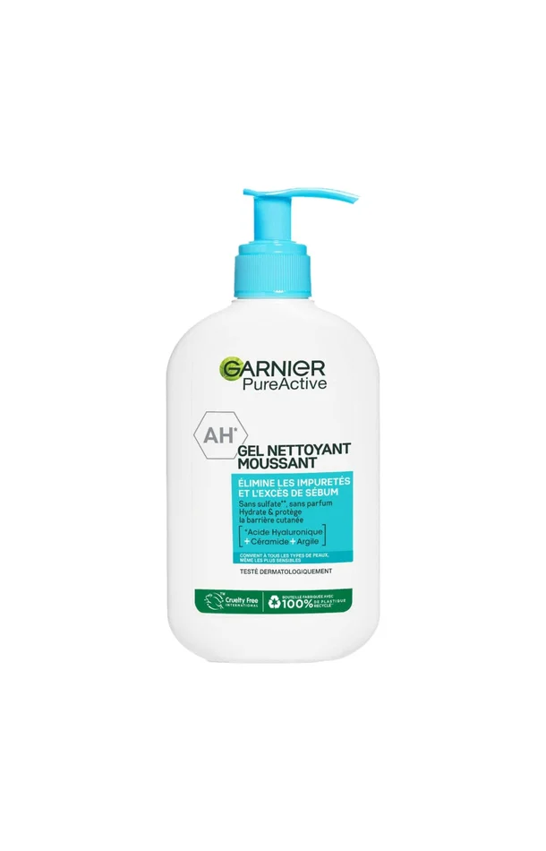 Gel nettoyant moussant – PureActive Argile – Acide hyaluronique, céramide & argile – Visage