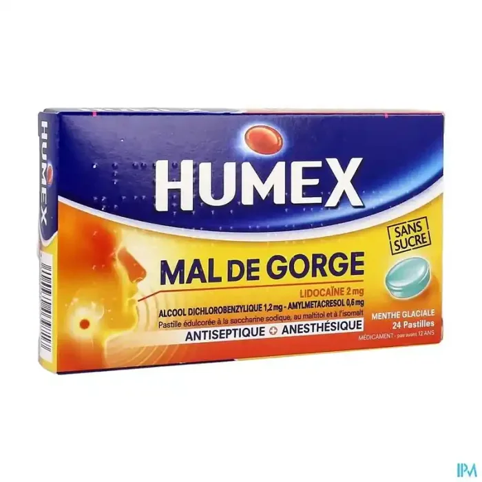 Humex mal gorge lidocaine menthe glaciale sans sucre pastille 24