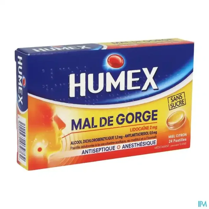 Humex mal gorge lidocaine miel citron sans sucre pastille 24