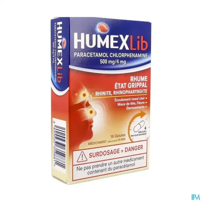 Humexlib paracétamol chlorphenamine 500mg/4mg gélule 16