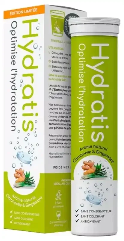 Hydratis Pastilles Hydratation Accélérée – Boisson Électrolytes Magnésium Zinc Potassium – 20 Pastilles – Arôme Citronnelle Gingembre