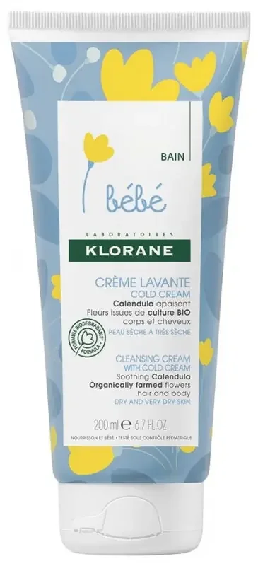 Klorane Calendula Bébé – Crème Lavante Cold Cream au – Bébé – Corps et Cheveux – Peau Sèche et Trèsèche 200 ml
