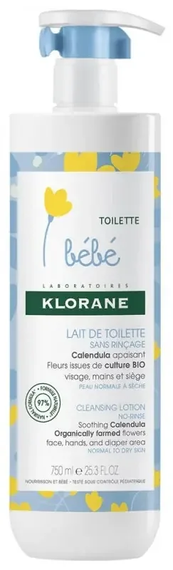 Klorane Calendula Bébé – Lait de Toilette Sans Rinçage Au Apaisant – Peau Normale à Sèche 750 ml