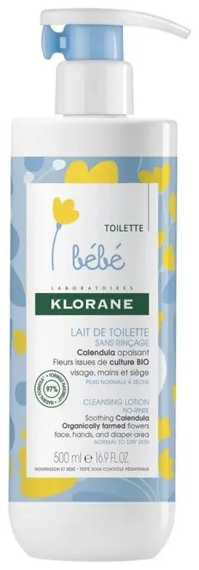Klorane Calendula Bébé – Lait de Toilette Sans Rinçage Au Apaisant Peau Normale à Sèche 500 ml