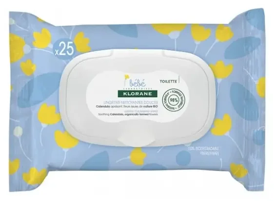 Klorane Calendula Bébé – Lingettes Nettoyantes Épaisses au Apaisant – Peau Normale à Sèche – 25 Unités