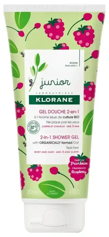 Klorane Junior – Gel Douche 2-en-1 à l‘Bio – Framboise – Corps et Cheveux – Enfant 200 ml – Parfum Framboise