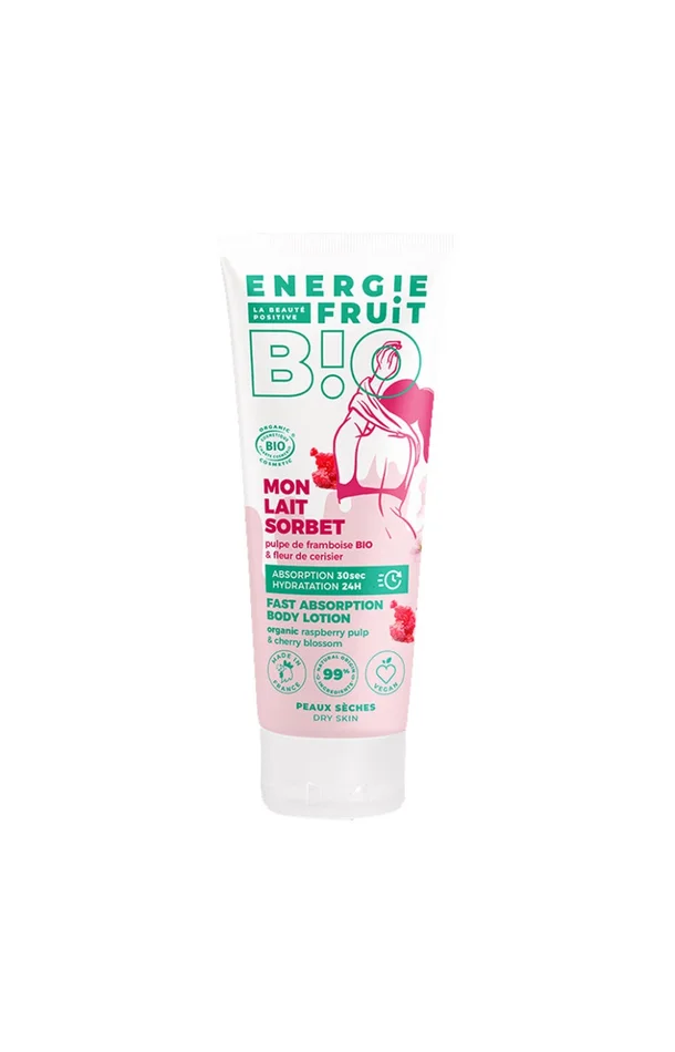 Lait sorbet hydratant bio – Framboise & fleur de cerisier – Peaux sèches – 200 ml