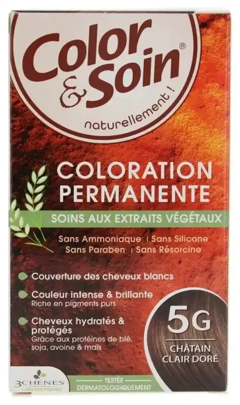 Les 3 Chênes Color & Soin Coloration Permanente Extraits Végétaux Sans Ammoniaque – Coloration Châtain Clair Doré 5G