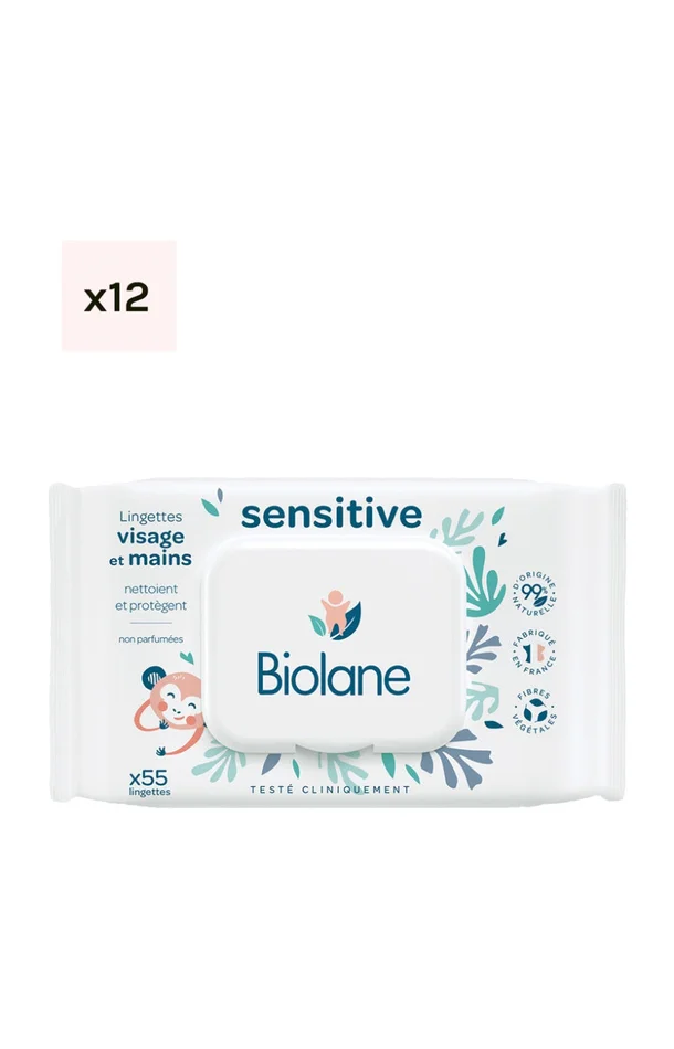 Lingettes sensitive – Visage & mains – Bébé – 12 x 55 unités