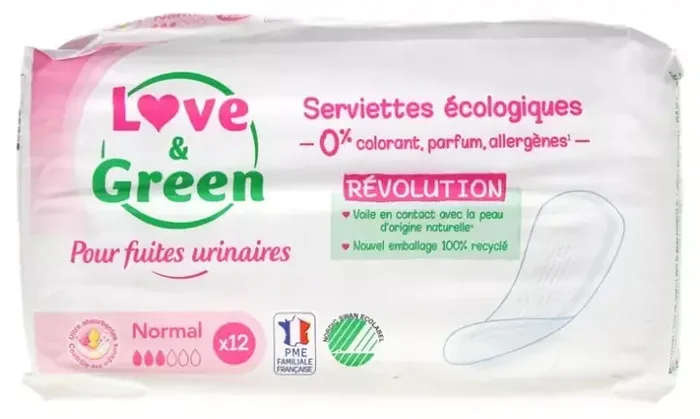 Love & Green Pour Fuites Urinaires Serviettes Hypoallergéniques et Écologiques « normal » X 12