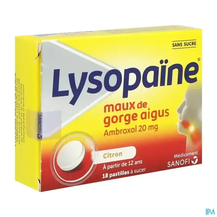 Lysopaine maux de gorge ambroxol citron 20mg sans sucre pastille 18