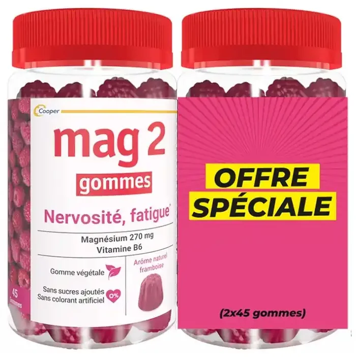 Mag 2 Gommes Nervosité Fatigue Framboise Lot de 2 x 45 Unités