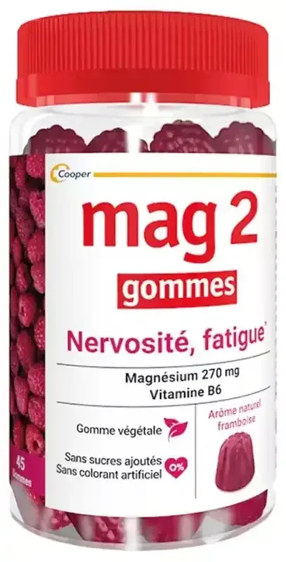 Mag 2 Mag2 Gommes Nervosité-Fatigue Complément Alimentaire Magnésium-Vitamine B6 Arôme Framboise 45 Pièces