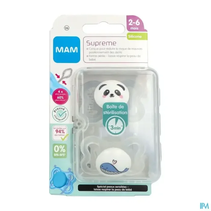 Mam sucette anatomique silicone supreme 2/6m boite sterilisation n26 x2