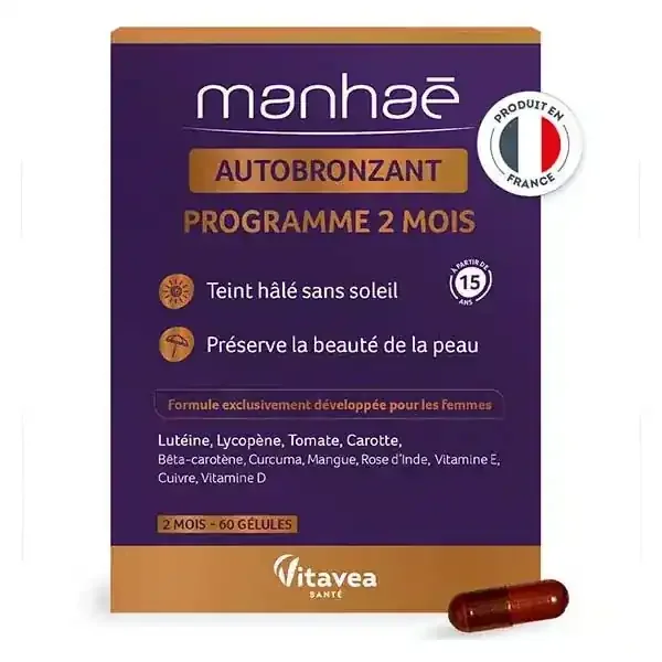 Manhaé – Autobronzant – Teint hâlé sans soleil – Préserve la beauté de la peau – 60 gélules