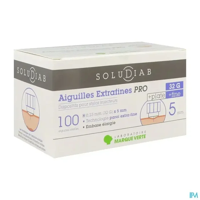 Marque verte soludiab aiguille pour stylo insuline extrafine pro 5mm g32 100