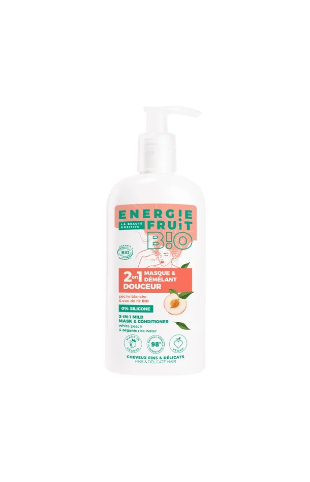 Masque 2-en-1 douceur bio – Pêche blanche & eau de riz – Cheveux fins & délicats – 300 ml