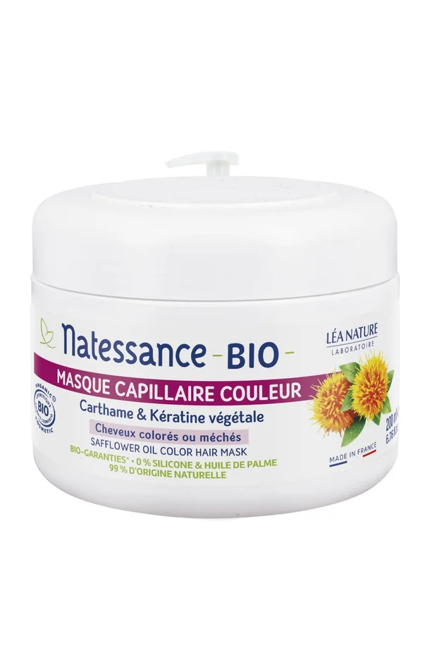 Masque nourrissant bio – Carthame & kératine végétale – Cheveux colorés ou méchés – 200 ml