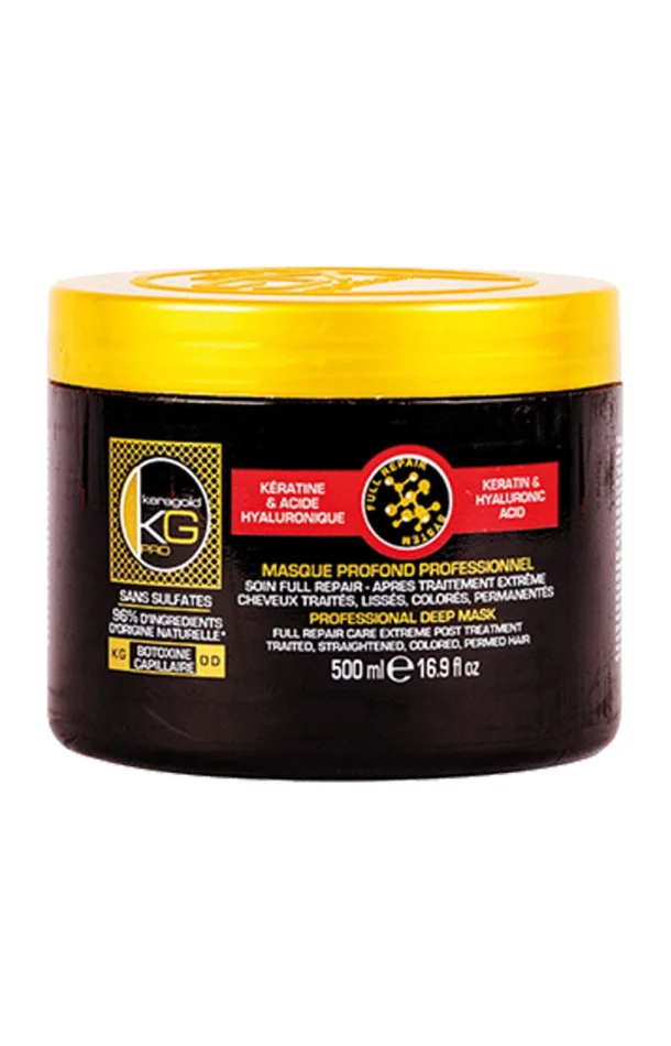 Masque reconstructeur – Kératine & acide hyaluronique – Cheveux lissés, colorés ou défrisés – 500 ml