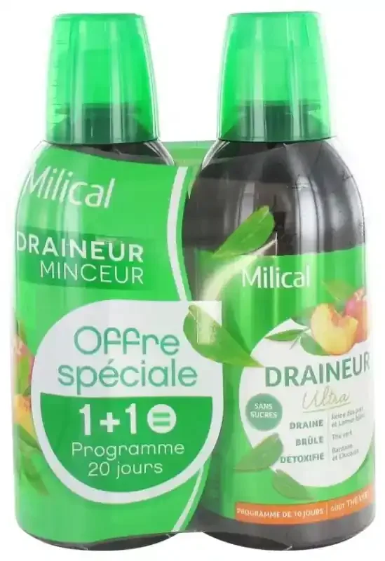 Milical Draineur Minceur Ultra Lot de 2 x 500 ml (= Programme de 20 Jours) – Saveur Thé vert / Pêche
