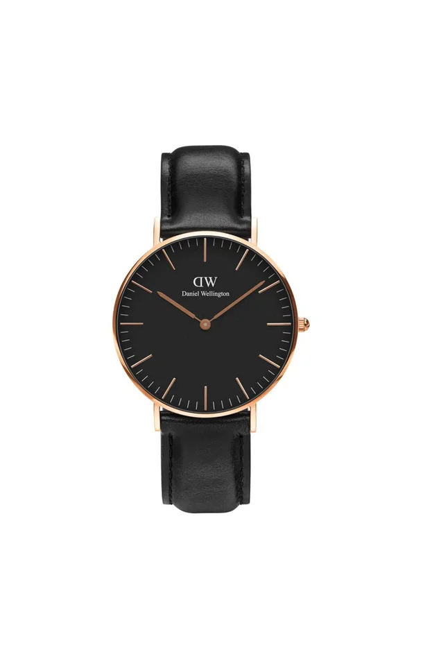 Montre à quartz – Plaqué or rose & cuir noir – Femme