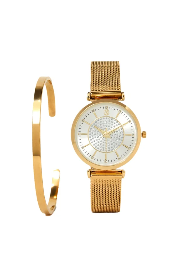 Montre à quartz en acier inoxydable + bracelet – Doré